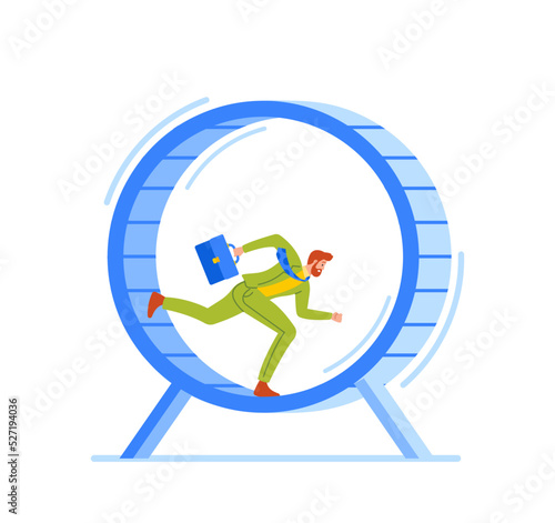 Looping Life and Daily Routine Concept. Tired Stressed Business People Running inside of Huge Hamster Wheel