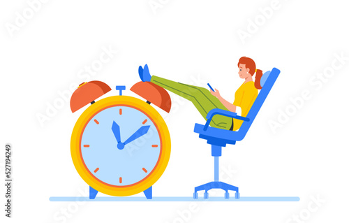 Procrastination Business Concept. Businesswoman Sitting on Chair with Legs on Huge Alarm Clock Chatting in Internet
