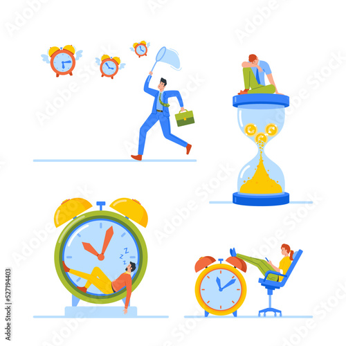 Business People Loosing Time, Procrastination Concept. Busy Businessmen and Businesswomen Sleep on Alarm Clock
