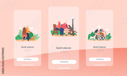 Quiet Places Mobile App Page Onboard Screen Template. Elderly Couple Walk with Dog in Park. Aged Couple Promenade