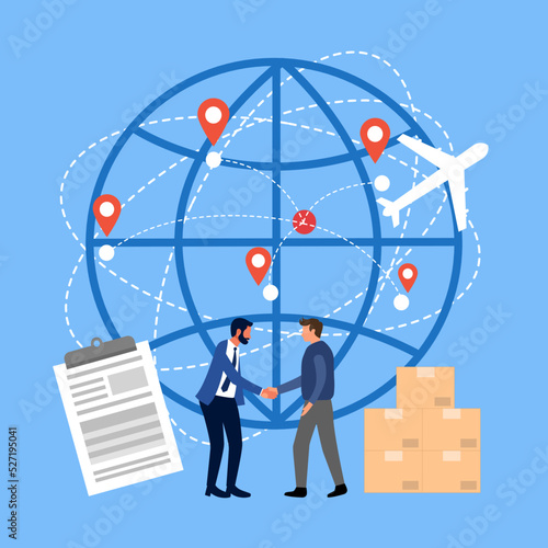 Global trading with express international shipping vector. Package, airplane and document in flat design. Business deal.