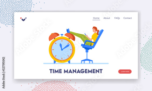 Time Management Landing Page Template. Businesswoman Sit on Chair with Legs on Huge Alarm Clock Chatting in Internet.