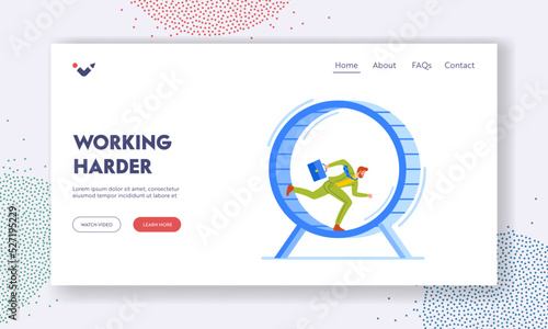 Looping Life and Daily Routine Landing Page Template. Tired Business Man Running inside of Huge Hamster Wheel