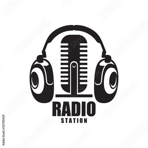 Online radio icon, radio station monochrome vector emblem. Live stream podcast studio label with microphone and headphones. Social media program, event, virtual content, internet channel Isolated