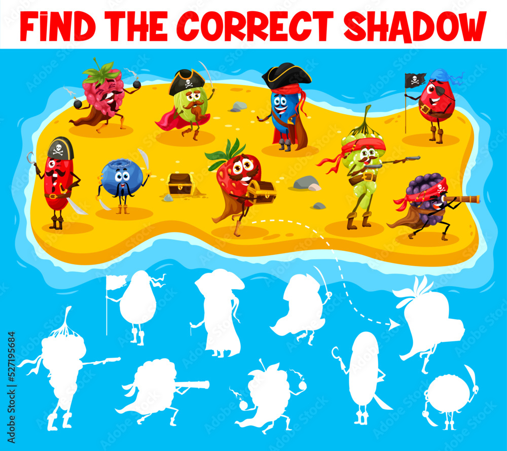Fototapeta premium Find the correct shadow of berry pirates and corsairs on treasure island. Kids vector game worksheet with barberry, blueberry, strawberry, raspberry or gooseberry, honeyberry, blackberry or rosehip