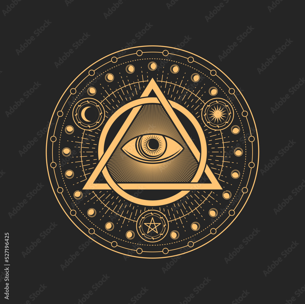 Prediction eye, occult and esoteric tarot magic symbol with pentagram ethnic amulet. Vector occultism holistic vision sign, tribal chakra, all seeing eye - obrazy, fototapety, plakaty 