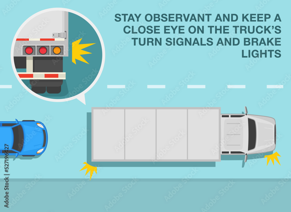 Safe driving tips and traffic regulation rules. Stay observant and keep a close eye on the truck turn signals and brake lights. Top view of traffic flow. Flat vector illustration template. Safe driving tips and traffic regulation rules. Stay observant and keep a close eye on the truck turn signals and brake lights. Top view of traffic flow. Flat vector illustration template.