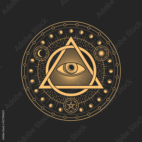 Obraz na plátně Prediction eye, occult and esoteric tarot magic symbol with pentagram ethnic amulet