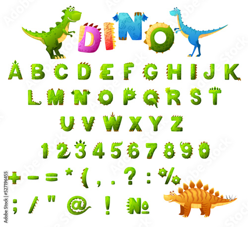 Dinosaur font typeface, cartoon dino alphabet letters, vector ABC type. Kid jurassic dinosaurs cute animals in green dino font typeface, children typography with T-rex tyrannosaurus, velociraptor