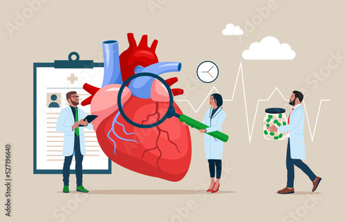 Cardiologist studying big heart model among drugs and heartbeat diagram. Vector illustration for cardiovascular system, cardiology, medical examination topics. Heart disease research. 