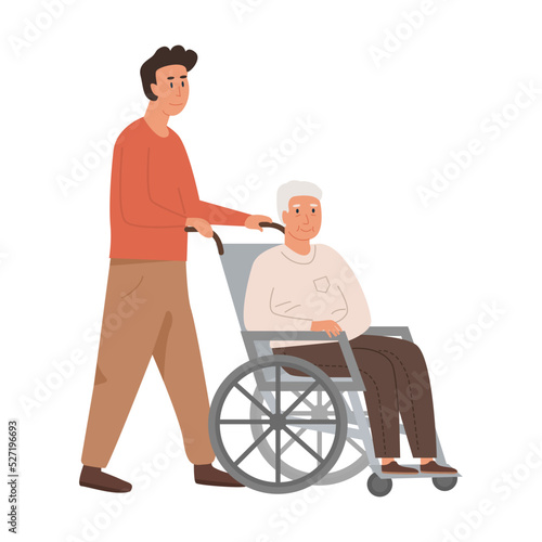 Nurse or volunteer taking care of elderly man on wheelchair. Nursing home concept. Assisted living. Residential care facility. Senior person with disability at hospital. Vector flat illustration.