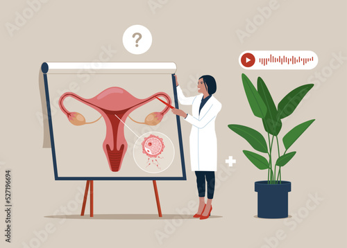 Medical specialists studying donor inner organ.  Abstract concept of gynaecology and female health. Seminar, lecture, healthcare meeting concept. Medical college doctor teaching students.