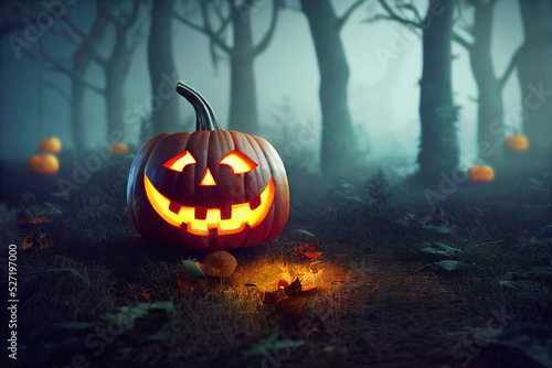 Halloween pumpkin burning in dark forest at night. Halloween concept, copy space. 3d illustration.