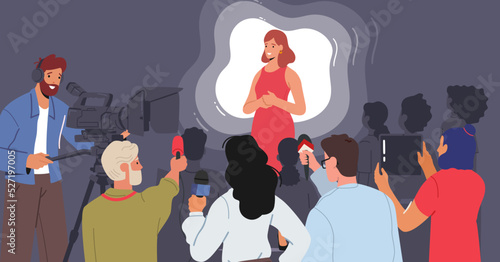 Press Conference Concept. Woman Speaking to Audience, Journalists or Press Media Workers Stand with Microphones