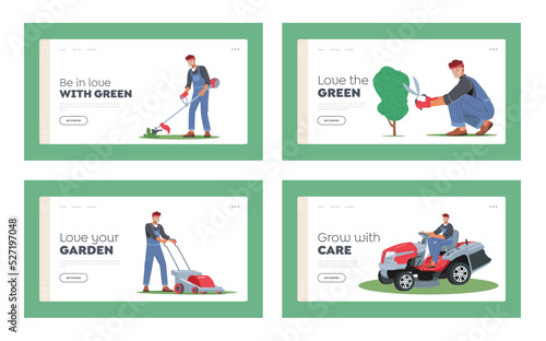 Worker Mow Lawn and Cutting Plants in Garden Landing Page Template Set. Man Gardener Use Trimmer Caring Home Backyard