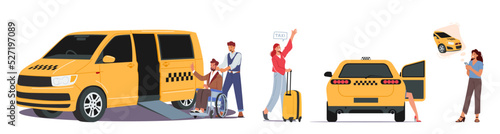 Set People Ordering Taxi, Transportation Service Concept. Driver in Yellow Cab Help to Disabled Passenger on Wheelchair