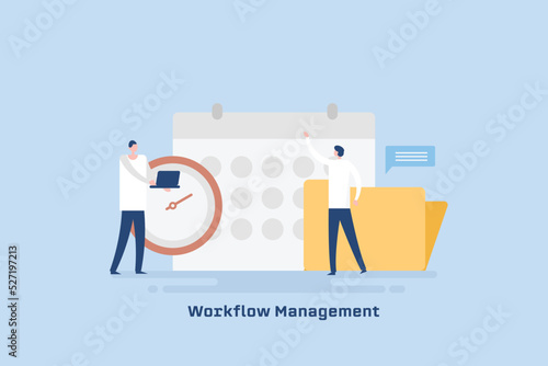 Time management, business people organising strategy planning and scheduling work with calendar, illustration.