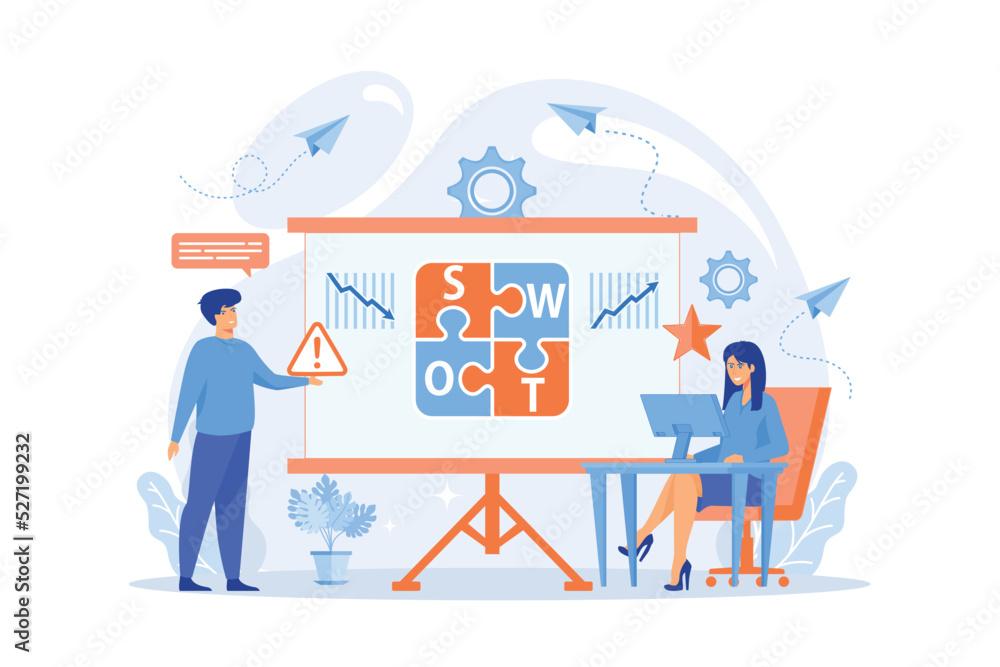SWOT analysis team working on list of your opportunities, strategizing and monitoring. SWOT analysis and matrix, strategic planning concept. flat vector modern illustration SWOT analysis team working on list of your opportunities, strategizing and monitoring. SWOT analysis and matrix, strategic planning concept. flat vector modern illustration