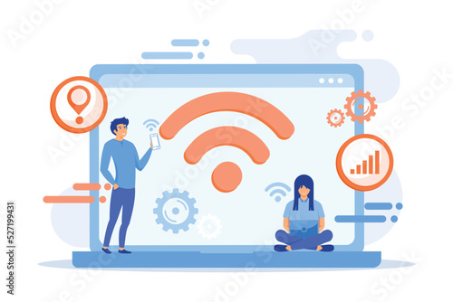 Business people using laptop and smartphone with WiFi connection. Wi-fi connection, WiFi communication technology, free internet services concept. flat vector modern illustration