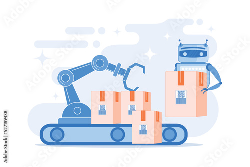 Robot substituting human working with boxes on conveyor belt and robotic arm. Labor substitution, man versus robot, robotics labor control concept. flat vector modern illustration