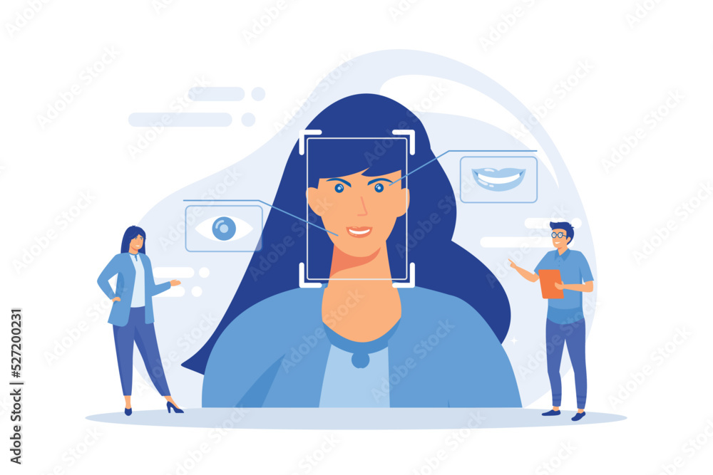 Tiny people scientists identify womans emotions from voice and face. Emotion detection, emotional state recognizing, emo sensor technology concept. flat vector modern illustration