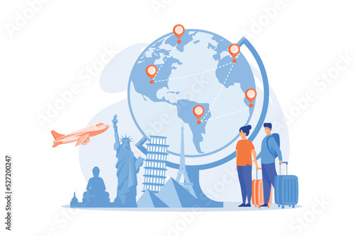 Tourists visiting Europe, America, Asia. Sightseeing tour for family vacation. Romantic couple enjoying worldwide journey, honeymoon. flat vector modern illustration
