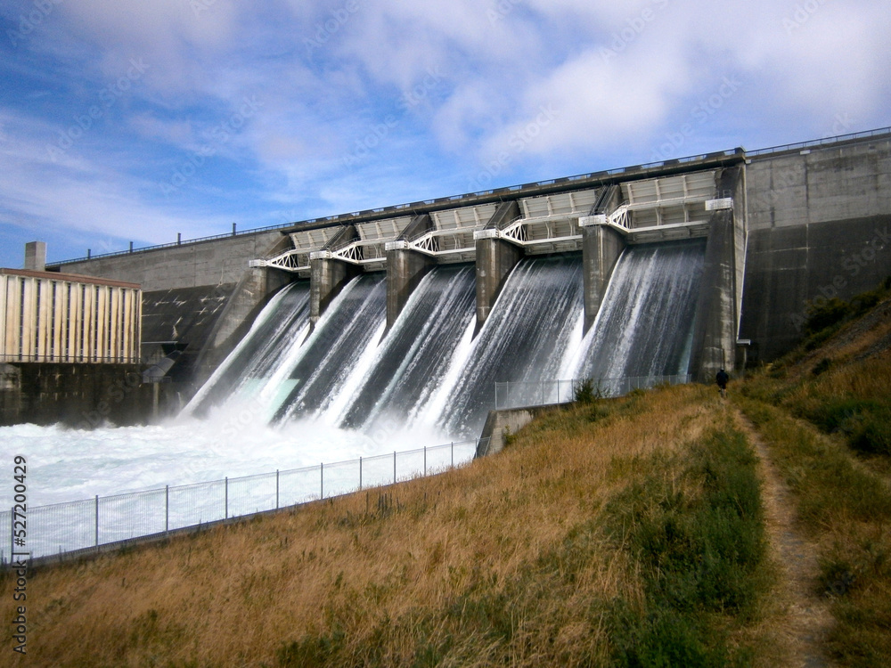 Aviemore Hydro Power Dam with spillways open, Lake Aviemore, Otago, New Zealand Aviemore Hydro Power Dam with spillways open, Lake Aviemore, Otago, New Zealand