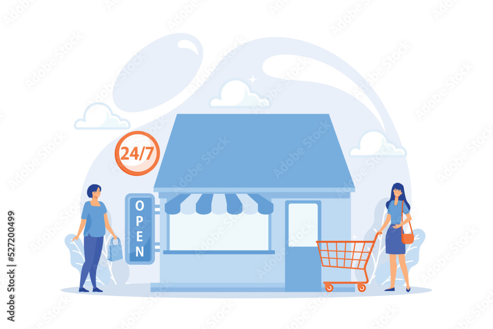 24 hours open shop flat vector illustration. Local store, 24 7 service, around clock marketing concept. Buyers with purchases characters.flat vector modern illustration 24 hours open shop flat vector illustration. Local store, 24 7 service, around clock marketing concept. Buyers with purchases characters.flat vector modern illustration