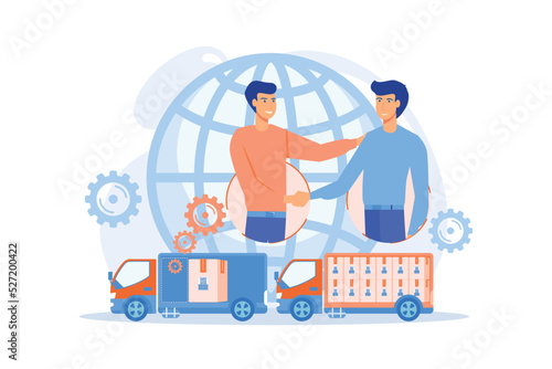 Worldwide shipping service, international distribution. Collaborative logistics, supply chain partners, freight cost optimization concept. flat vector modern illustration
