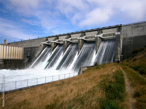 Aviemore Hydro Power Dam with spillways open  Lake Aviemore  Otago  New Zealand