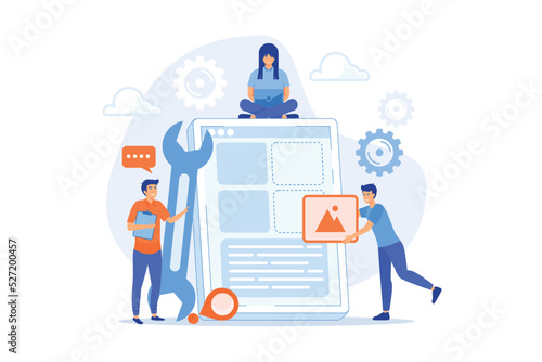 Mobile app engineering flat vector illustration. Front end development, application responsive UI, UX layout, content management. flat vector modern illustration