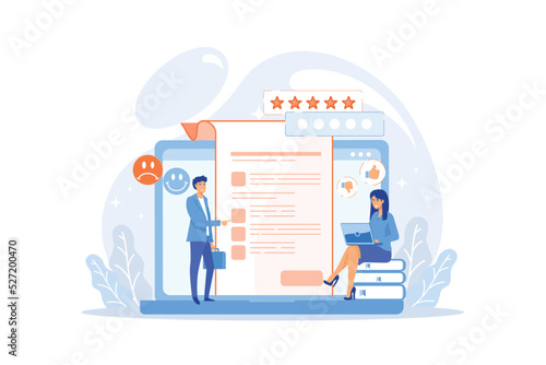 Clients review flat vector illustration. Customer experience, survey form, website rating concept. Social media networks feedbacks and ranking.flat vector modern illustration