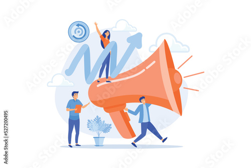 Marketing strategy planning flat vector illustration. Promotional campaign, advertisement notification, commercial research concept. Marketer creating ads. photo