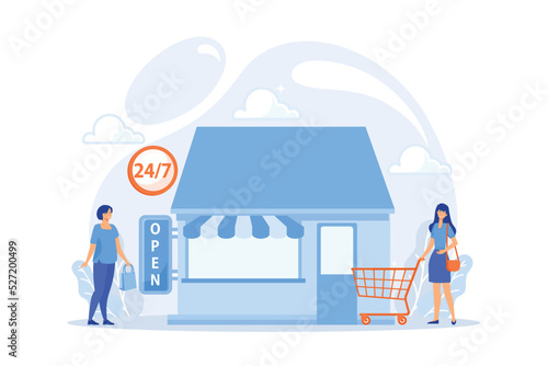 24 hours open shop flat vector illustration. Local store, 24 7 service, around clock marketing concept. Buyers with purchases characters.flat vector modern illustration
