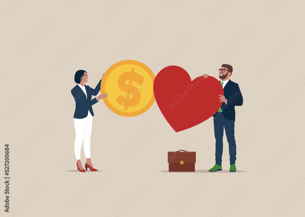 Businessman and woman Donate Money and Heart Charity, Social Aid, Donation Support, Volunteer Sponsorship Service, Volunteering Humanitarian Team. Vector Illustration. Businessman and woman Donate Money and Heart Charity, Social Aid, Donation Support, Volunteer Sponsorship Service, Volunteering Humanitarian Team. Vector Illustration.