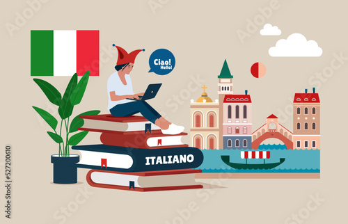Italian language online course. Distance education. Italian dictionary. Online education. Tutor. Dictionary. Vector illustration. 