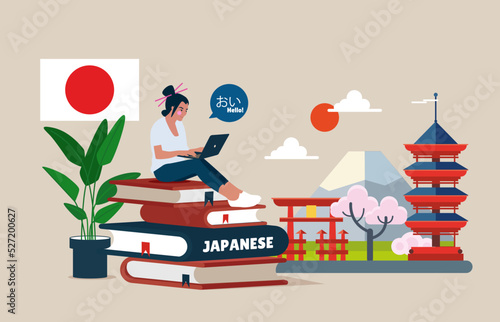 Japanese language course. Japanese dictionary. Distant education technology for language school. Vector illustration. 