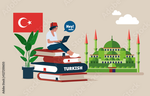 Modern vector illustration Learn Turkish online. Foreign language school or course. Distant and home education concept.
