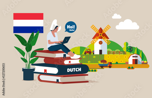 Dutch language course banner. Video course, distance education, web seminar, internet class. Vector illustration. 