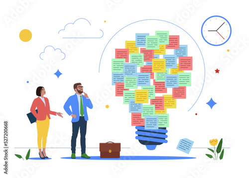 Businessman and woman discover solution, business people brainstorm with sticky notes. Ideation, brainstorming to gather new idea. Vector illustration.