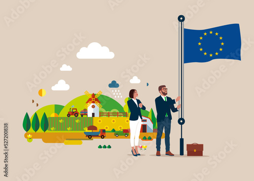 Businessman and woman in suit, male raising waving flag of European Union. Outside with beautiful landscape in background. Vector illustration.