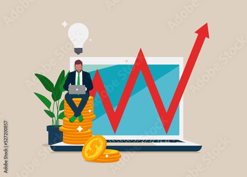 Financial consulting, investment and savings. Businessman investor with laptop sitting on coins. Investment and analysis money profits.  Vector illustration.