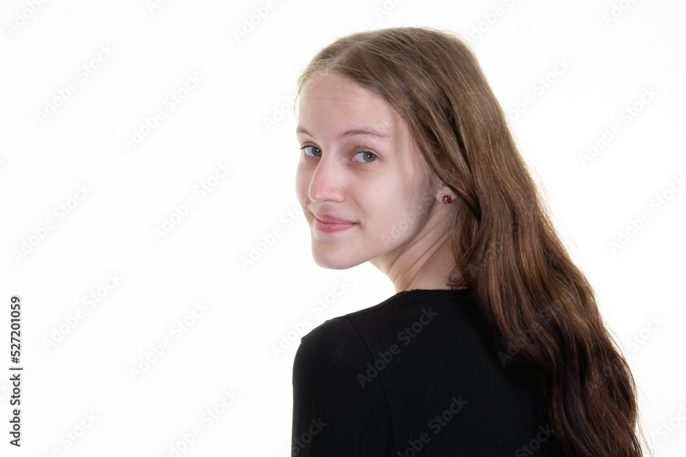 back pretty young woman dressed in casual shirt black shows beauty poses against white background with blank copy space for your advertisement or promotional text back pretty young woman dressed in casual shirt black shows beauty poses against white background with blank copy space for your advertisement or promotional text