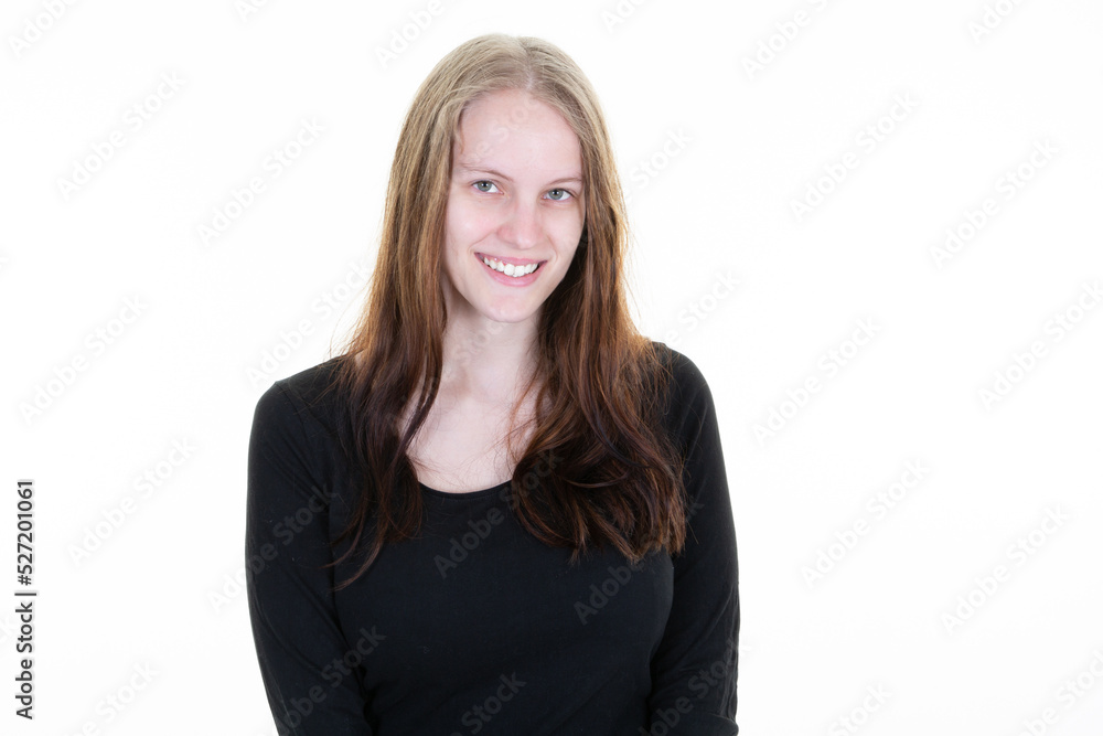 Portrait of beautiful naturally blond woman smiling and looking in camera with white teeth face of cute female girl isolated on white background Portrait of beautiful naturally blond woman smiling and looking in camera with white teeth face of cute female girl isolated on white background