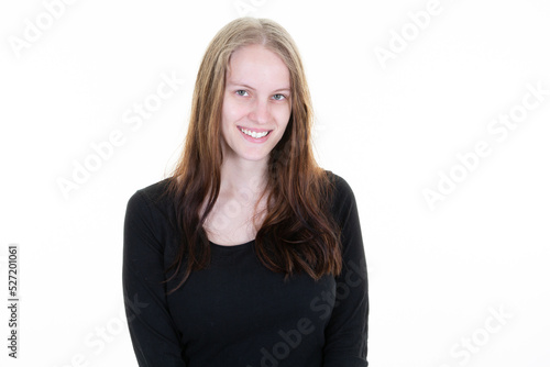 Portrait of beautiful naturally blond woman smiling and looking in camera with white teeth face of cute female girl isolated on white background