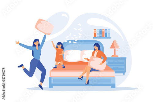 Happy tiny people female teens pillow fight in bedroom at slumber party. Pajama party, friends sleepover, slumber night party concept. flat vector modern illustration