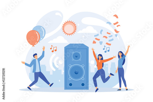 Young tiny people listening to music and dancing in city park at summer party. Open air party, open air event, outdoor dance event concept.flat vector modern illustration