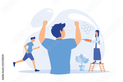 Nurse with syringe doing a doping injection to champion athlete, tiny people. Doping test, performance-enhancing drugs, doping use in sport concept. flat vector modern illustration