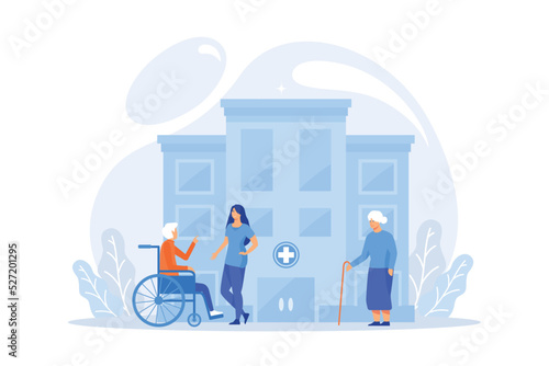 Caregiving, volunteering. Disabled patient support, hospital assistance. Elderly care, senior homesick nursing, elderly care services concept.flat vector modern illustration