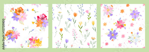 Vector floral seamless pattern. Set of leaves, wildflowers, twigs, floral arrangements. Beautiful compositions of field grass and bright spring flowers on white background.